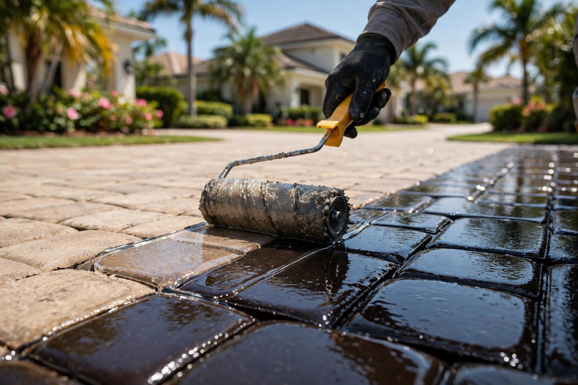 Paver surface, one half sealed and glossy and one half faded